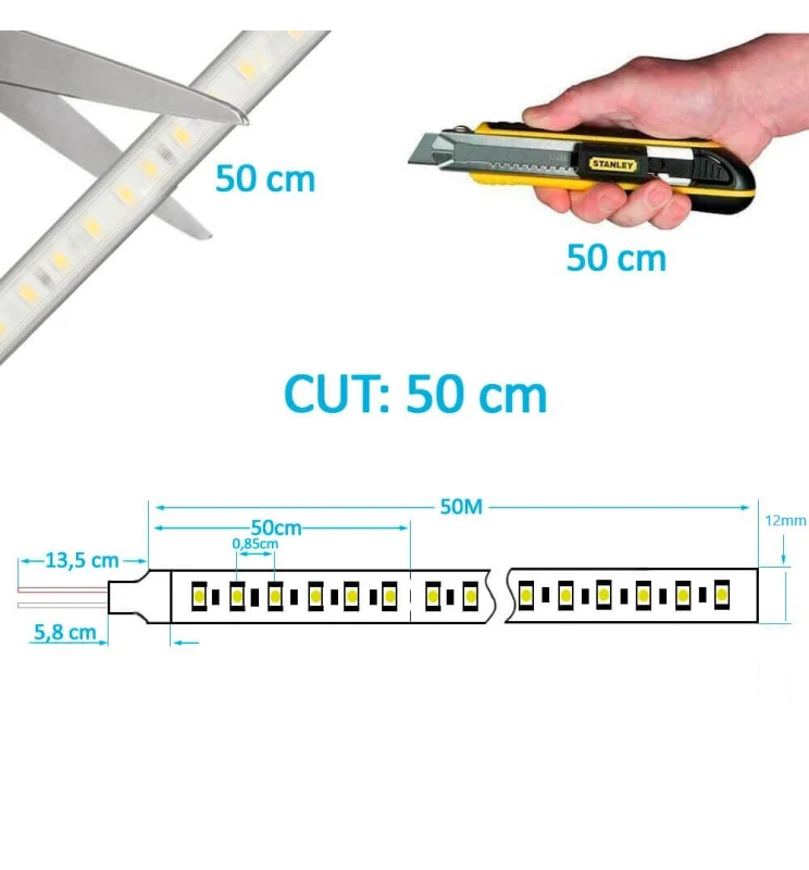 Bande LED 220V, 120 LED/m, IP65, coupe tous les 50 cm, dimmable