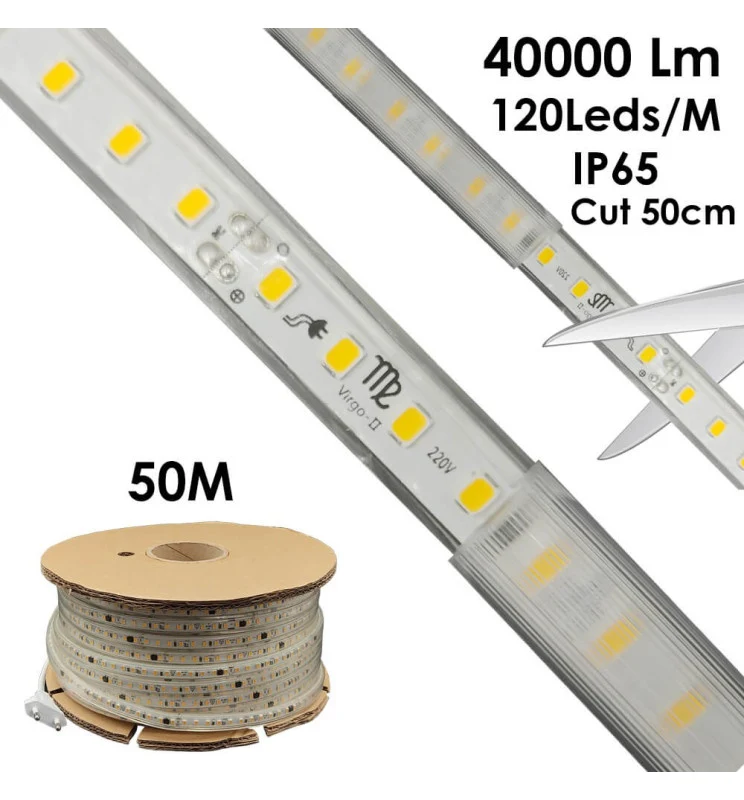 Bande LED 220V, 120 LED/m, IP65, coupe tous les 50 cm, dimmable