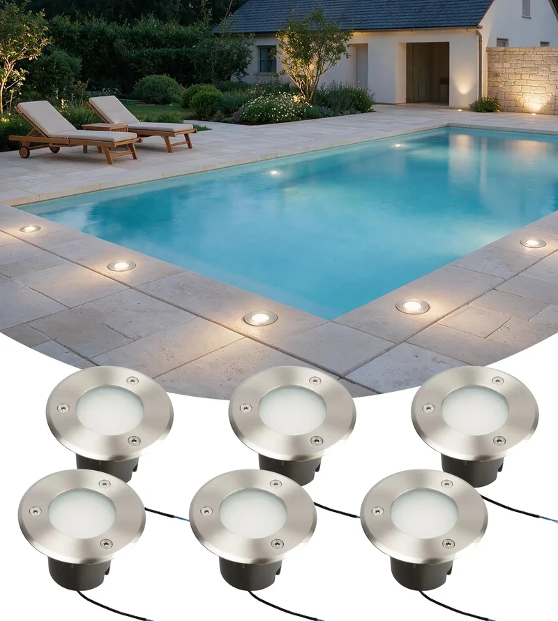 Lot de 6 spots encastrables de sol 12V GU5.3 INOX 316 IP67 - Diam 10 cm