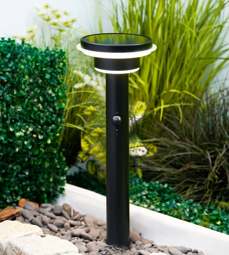 Borne solaire extérieure LED GENOVA noire 45 cm avec détecteur - 3 modes d'éclairage 100 à 1000 lumens
