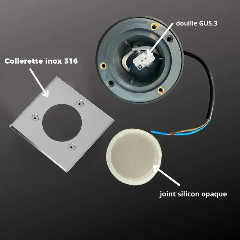 Spot encastrable pour abords de piscine à ampoule interchangeable GU5.3 - 12 Volt - Ø 10 cm Carré