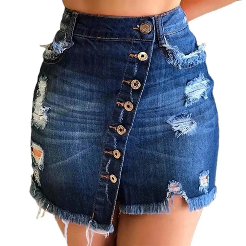 Jupe courte en Denim pour femmes, taille haute, trous déchirés, multi-boutonnage, pompon irrégulier, noir, bleu, Streetwear, nouvelle collection 2021