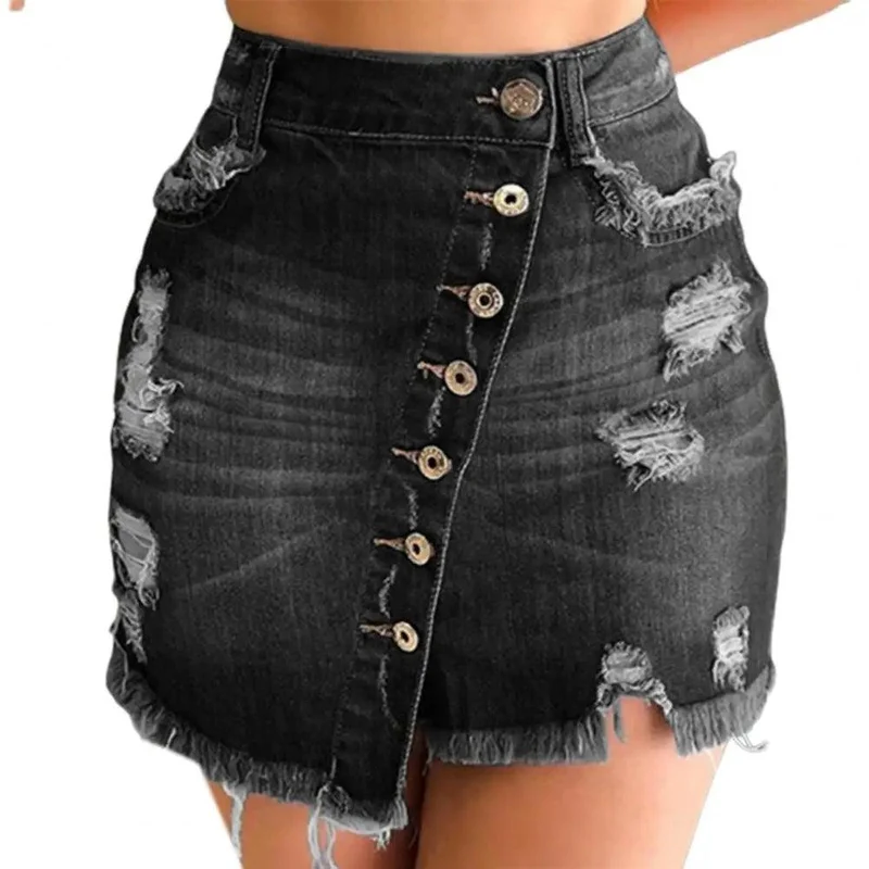 Jupe courte en Denim pour femmes, taille haute, trous déchirés, multi-boutonnage, pompon irrégulier, noir, bleu, Streetwear, nouvelle collection 2021