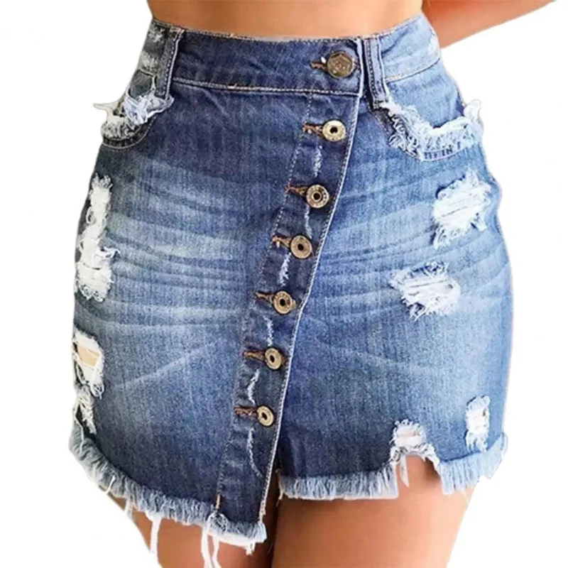 Jupe courte en Denim pour femmes, taille haute, trous déchirés, multi-boutonnage, pompon irrégulier, noir, bleu, Streetwear, nouvelle collection 2021