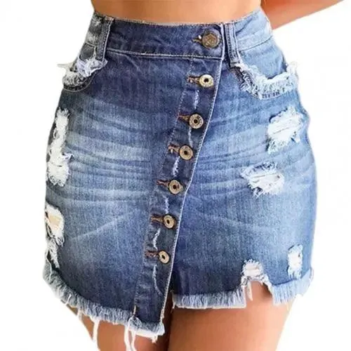 Jupe courte en Denim pour femmes, taille haute, trous déchirés, multi-boutonnage, pompon irrégulier, noir, bleu, Streetwear, nouvelle collection 2021