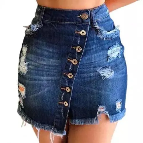 Jupe courte en Denim pour femmes, taille haute, trous déchirés, multi-boutonnage, pompon irrégulier, noir, bleu, Streetwear, nouvelle collection 2021
