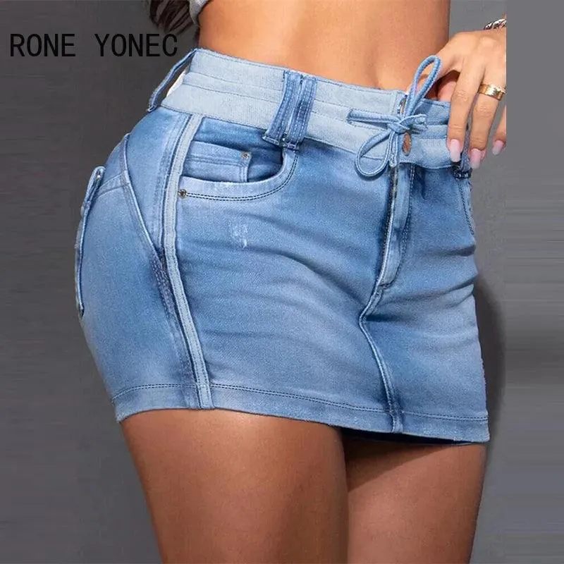 Femmes décontracté cordon poche maigre droite jean jupe en jean short