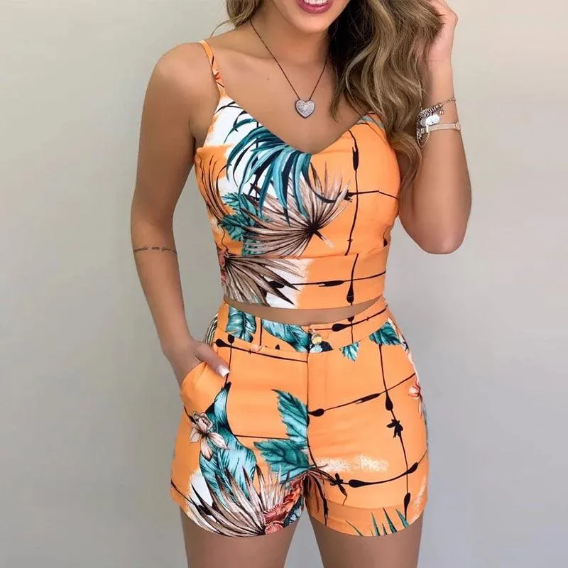 Ensemble 2 pièces d'été pour femmes, short, costume de bureau, bretelles florales, débardeur, haut court + taille haute, short à boutons, tenues féminines