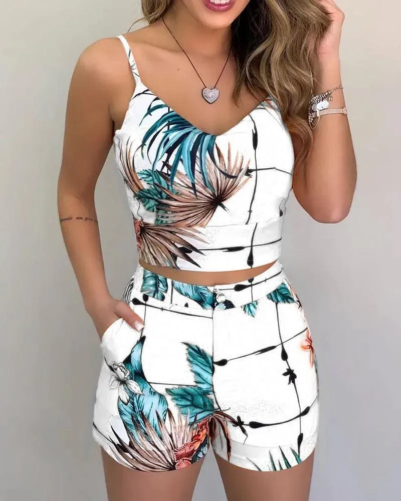 Ensemble 2 pièces d'été pour femmes, short, costume de bureau, bretelles florales, débardeur, haut court + taille haute, short à boutons, tenues féminines