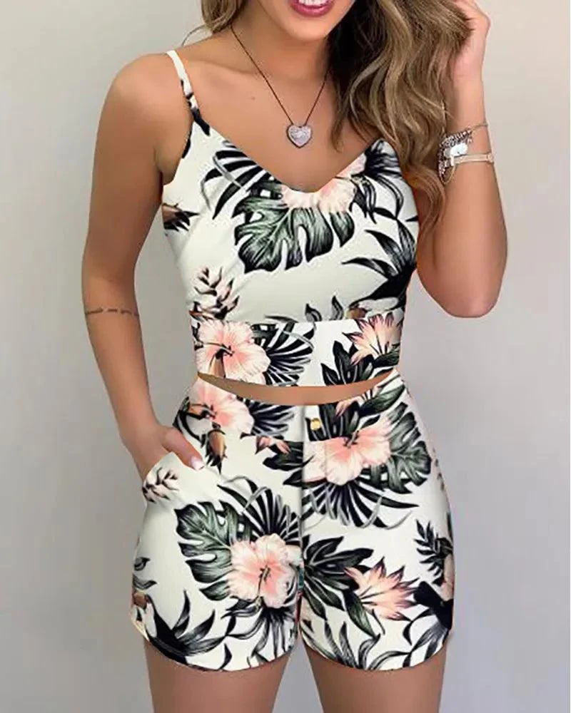 Ensemble 2 pièces d'été pour femmes, short, costume de bureau, bretelles florales, débardeur, haut court + taille haute, short à boutons, tenues féminines