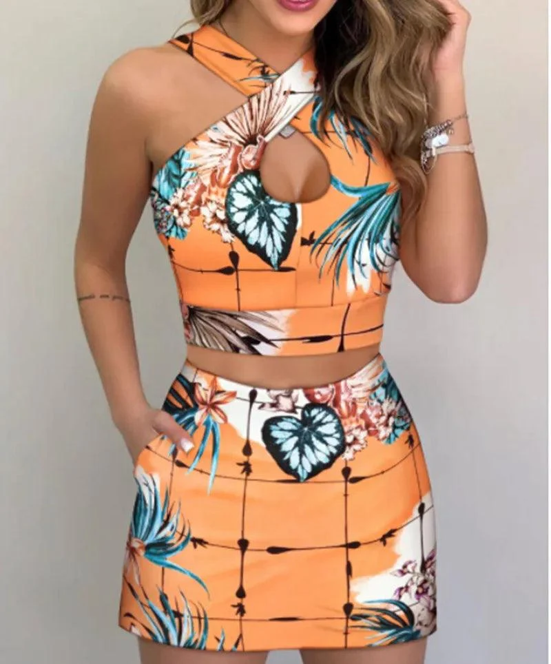 Ensemble 2 pièces d'été pour femmes, short, costume de bureau, bretelles florales, débardeur, haut court + taille haute, short à boutons, tenues féminines