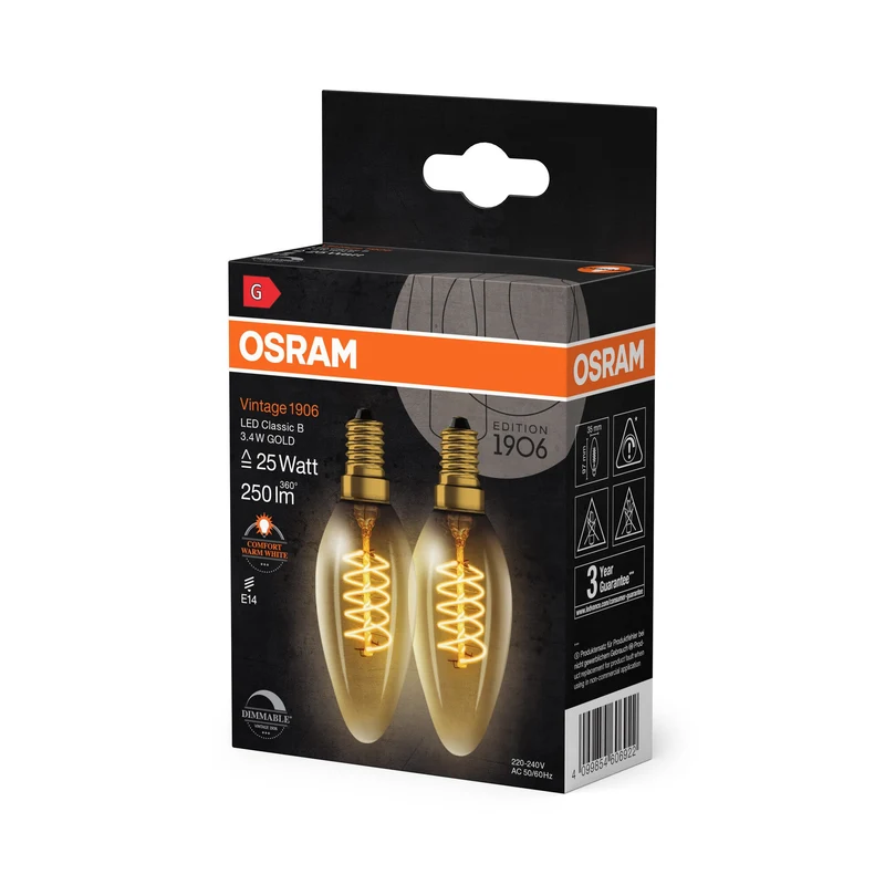OSRAM Vintage 1906 LED CLASSIC A,B,P SLIM FILAMENT dimmable 3,4W 822 Or E14