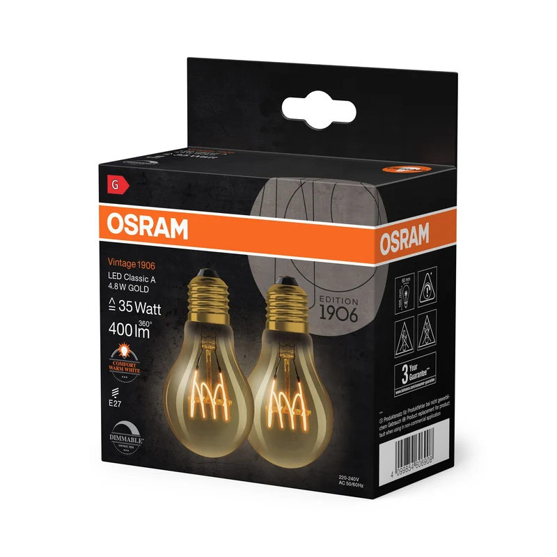 OSRAM Vintage 1906 LED CLASSIC A,B,P SLIM FILAMENT dimmable 4,8W 822 Or E27