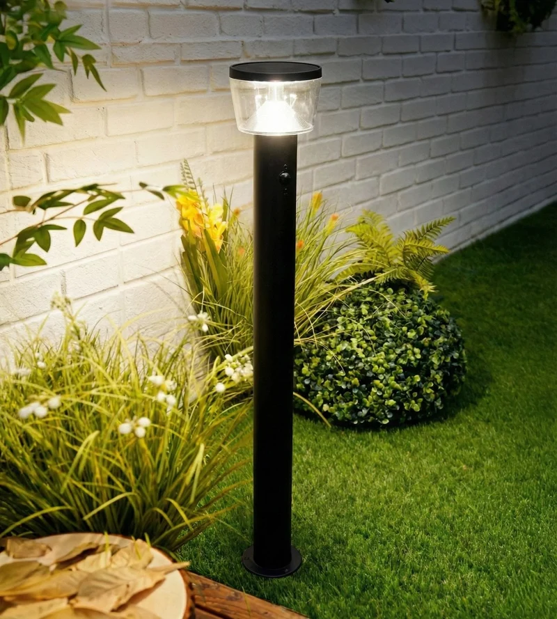 Borne solaire extérieure LED DUBLIN noire avec détecteur - 3 modes d'éclairages 100 à 1000 lumens