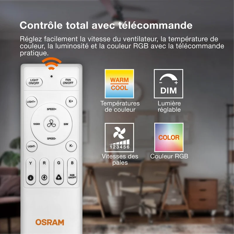 Ventilateur de plafond LED OSRAM Bayamo, blanc, 58 W, 590 mm, commande RGB
