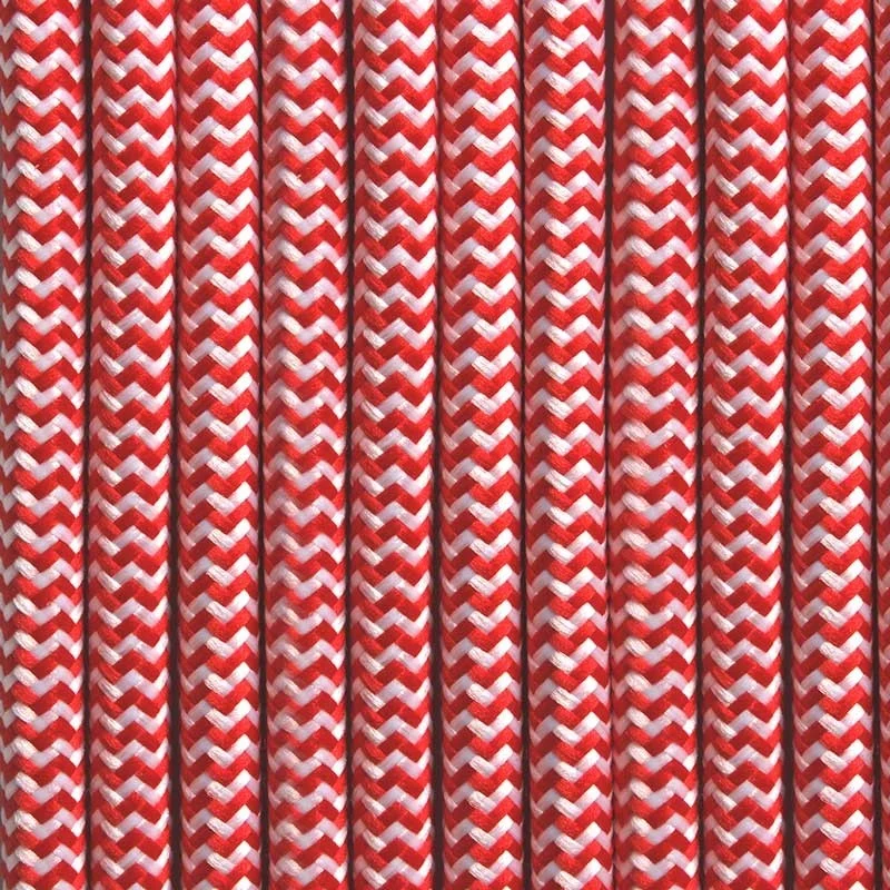 Câble électrique rond recouvert d'un tissu à effet soie en zigzag rouge et blanc