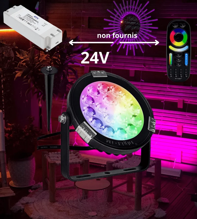 Spot piquet télécommandable FUTC01 RGB/CCT - 24V - Ø 11.5 cm - Spécial abords piscine - Télécommandable