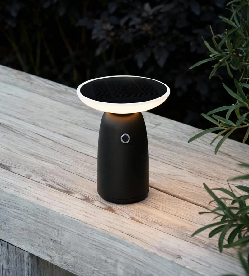 Lampe de table solaire LED HALO noire - 2 modes d'éclairage 100 à 1000 lumens - 4000K - Prise USB-C