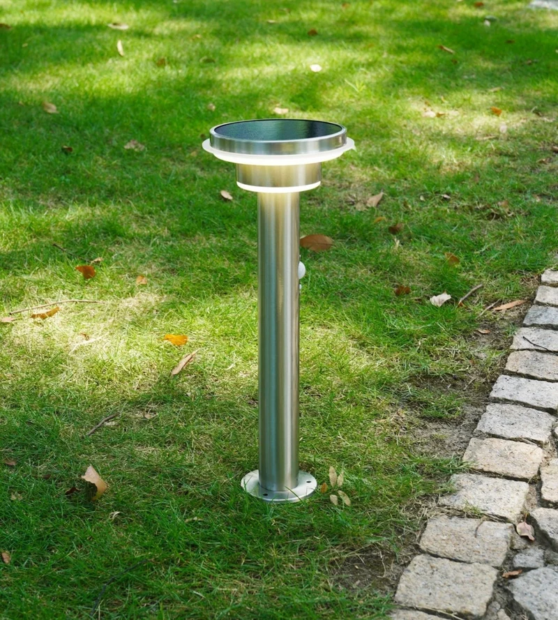 Borne solaire extérieure LED GENOVA inox 45 cm avec détecteur - 3 modes d'éclairage 100 à 1000 lumens