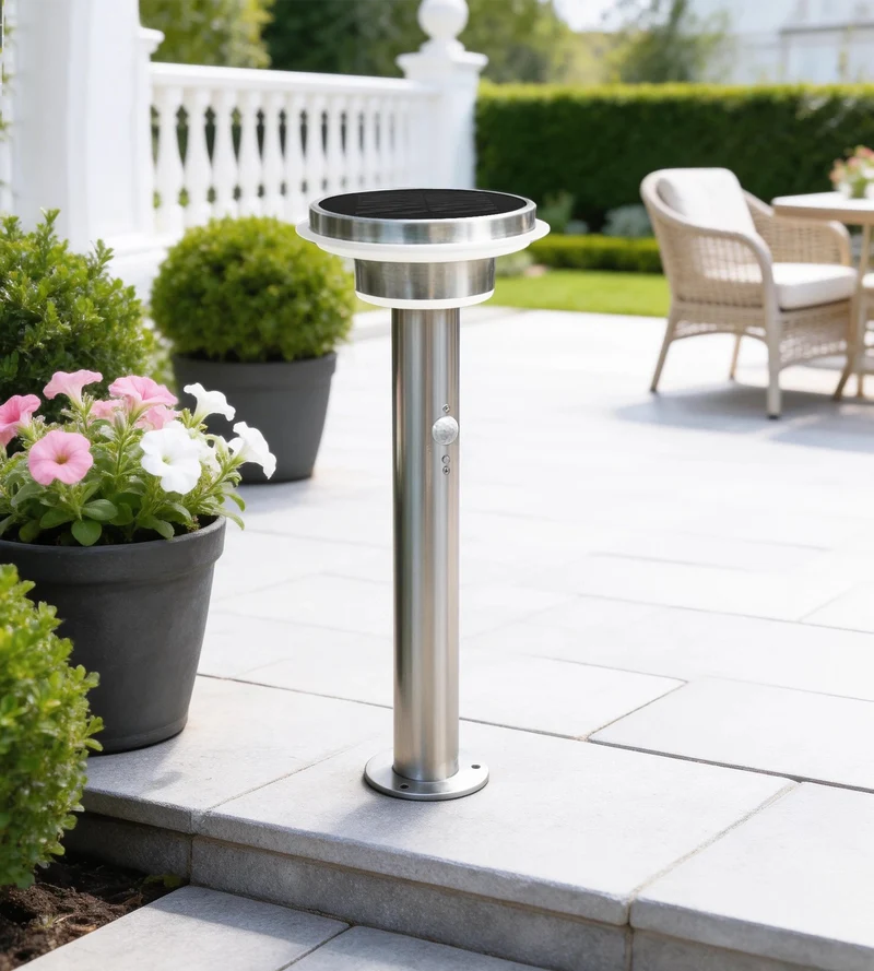 Borne solaire extérieure LED GENOVA inox 45 cm avec détecteur - 3 modes d'éclairage 100 à 1000 lumens