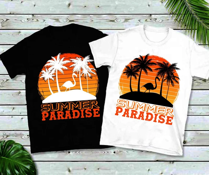 Palmiers de plage Flamingo | Paradis d'été | -shirts Coucher de soleil rétro, T-shirts Vie insulaire | Chemise d’été | Chemise de vacances