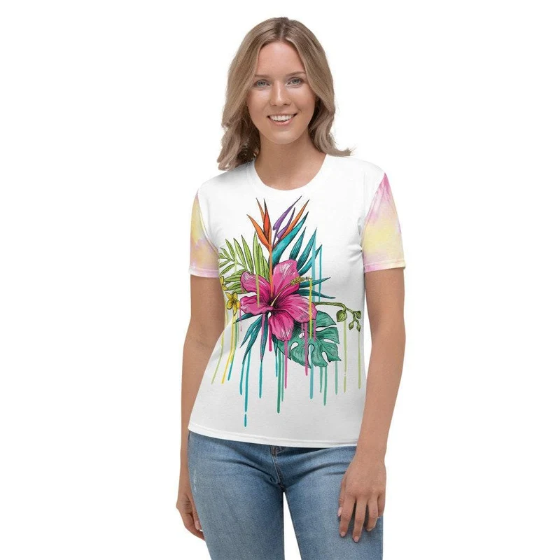 T-shirt coloré de fleur vintage de printemps || Tee-shirt à fleurs sauvages naturelles || Imprimé floral naturel partout, fleur d'hibiscus, chemise hawaïenne,