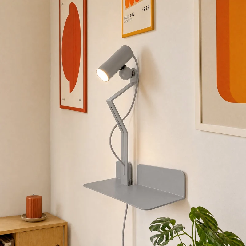 Applique murale avec étagère et Spot magnétique orientable - Murio Tubo - Gris