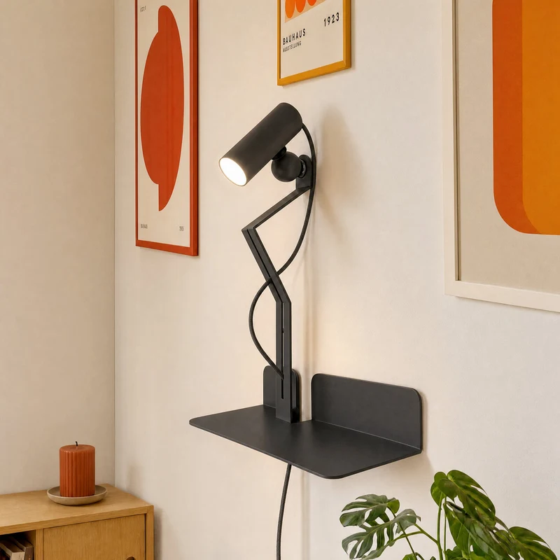 Lampe murale avec étagère et spot magnétique orientable - Murio Tubo - Noir