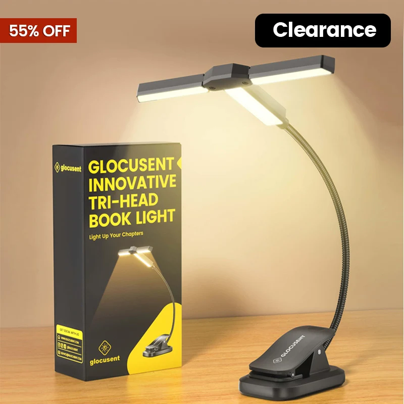 Glocusent Tri-head Clip On Book Light U.S. Only