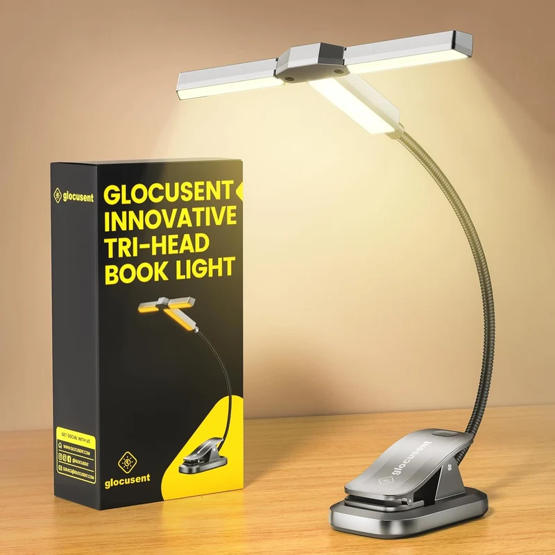 Glocusent Tri-head Clip On Book Light U.S. Only