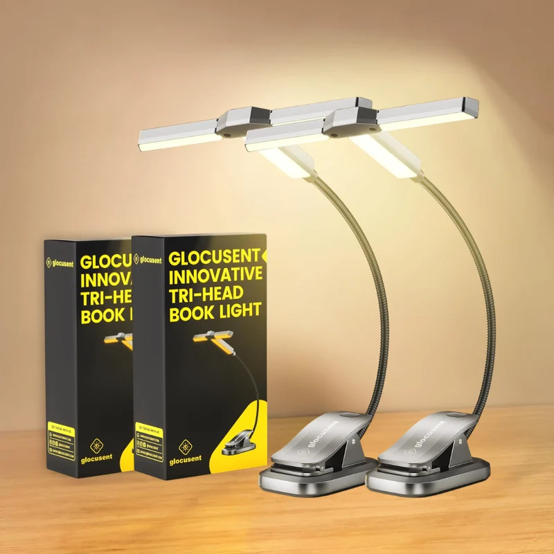 Glocusent Tri-head Clip On Book Light U.S. Only