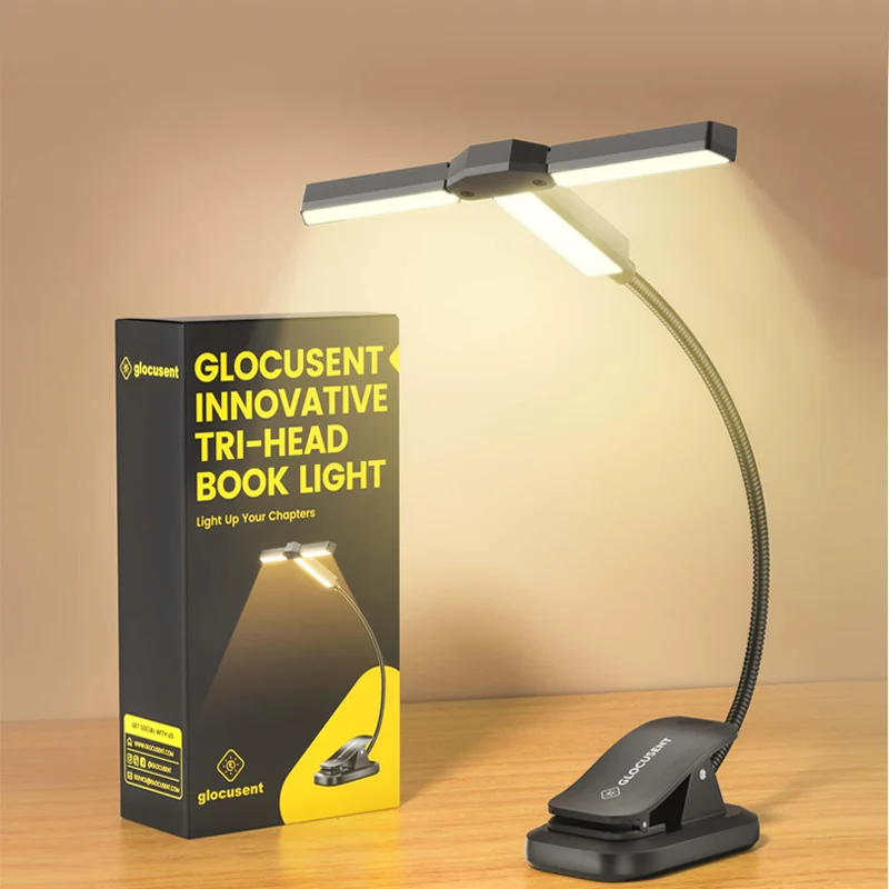 Glocusent Tri-head Clip On Book Light U.S. Only