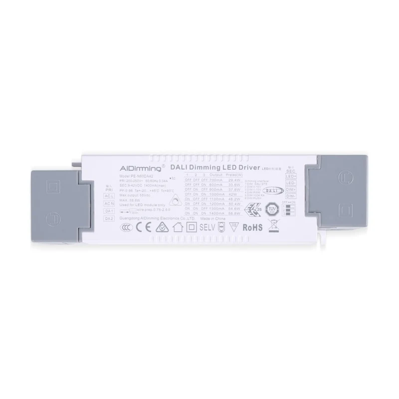Driver dimmable par DALI + 1/0-10V + PUSH - 9-42V DC - 58W - Courant multiple (700-1400mA)
