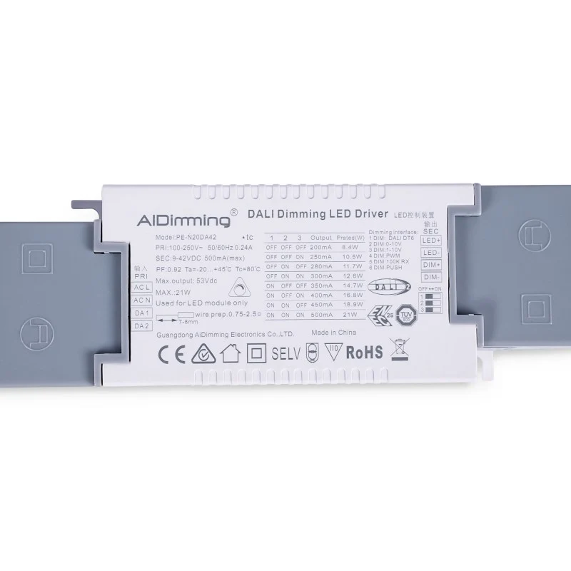 Driver LED dimmable par DALI , PUSH, 1/0-10V - Courant multiple (200-500mA)