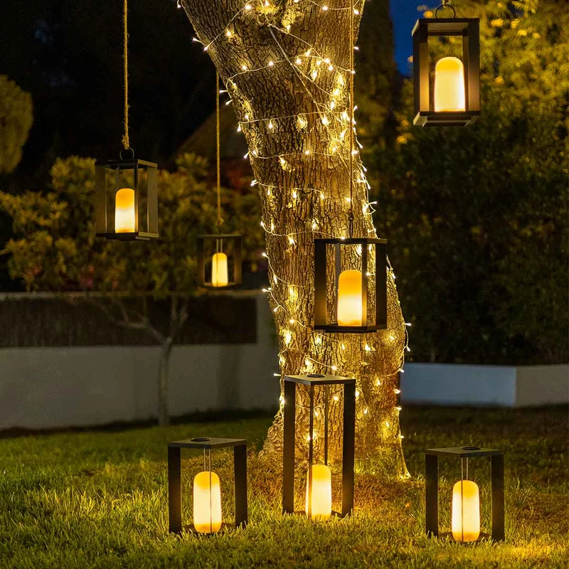 Lanterne métallique portable sans fil effet flamme/lumière fixe SIROCO