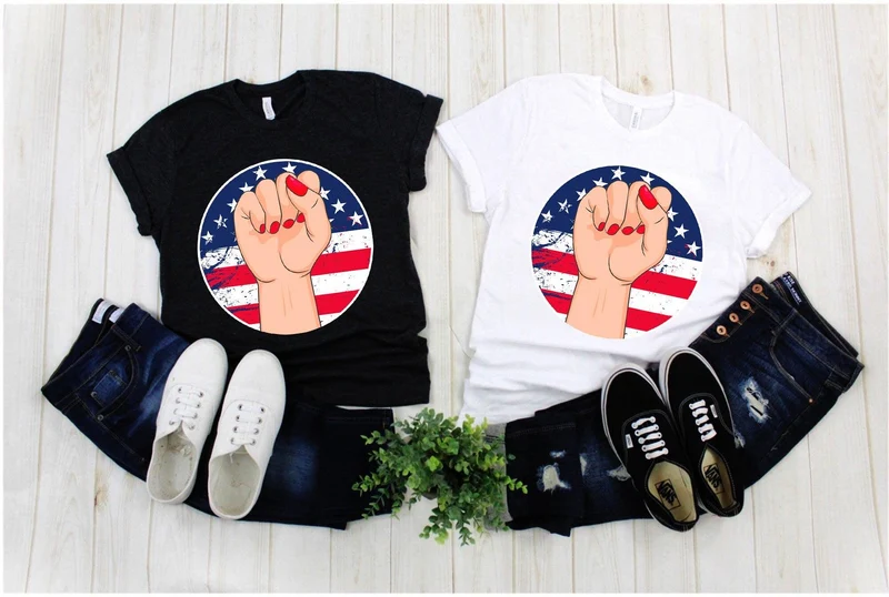 Female Fist Grunge, T-shirts drapeau américain, Femme d’abord, Autonomisation des filles, Chemise symbole féminin, Mouvement féministe, Chemise d’art féministe
