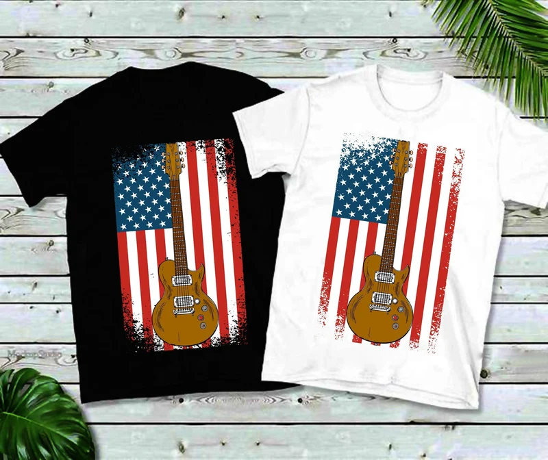 T-shirts de drapeau américain en détresse de guitare classique, chemise américaine, Amérique T, tee-shirt du 4 juillet, taille unisexe, guitariste amateur de musique USA love