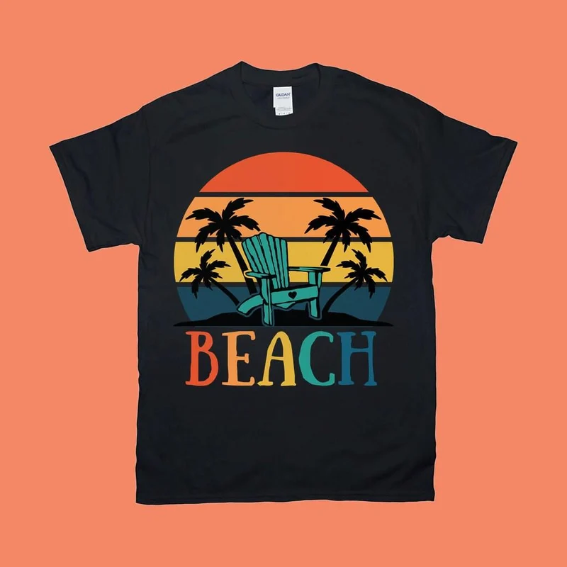 Chaise de plage Palmiers | T-Shirts Rétro Coucher De Soleil,T-Shirt Island Life | Chemise d’été | Chemise de vacances