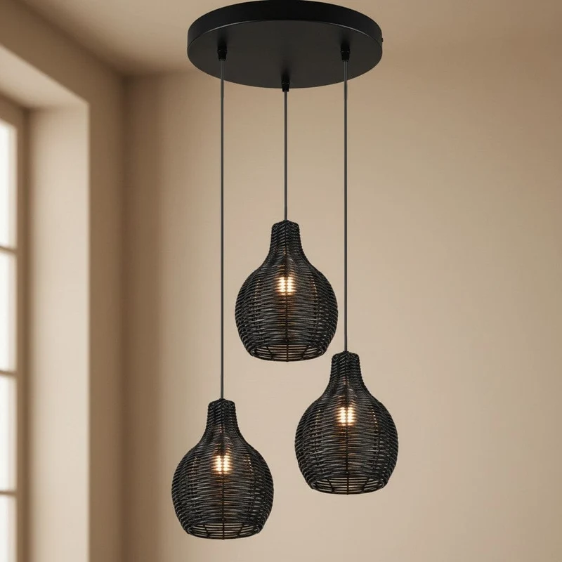 Lustre 3 Suspensions Rotin Naturel - Style Bohème