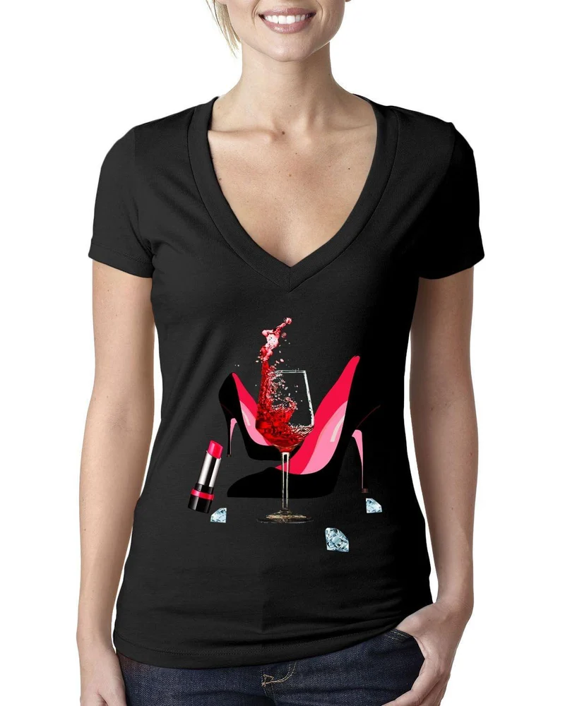 Chaussures à talons hauts | Rouge à lèvres | Verre à vin | Diamants, t-shirt à talons hauts à la mode, t-shirt en toile Bella en V profond pour femmes, anniversaire en or rouge, niveau suivant