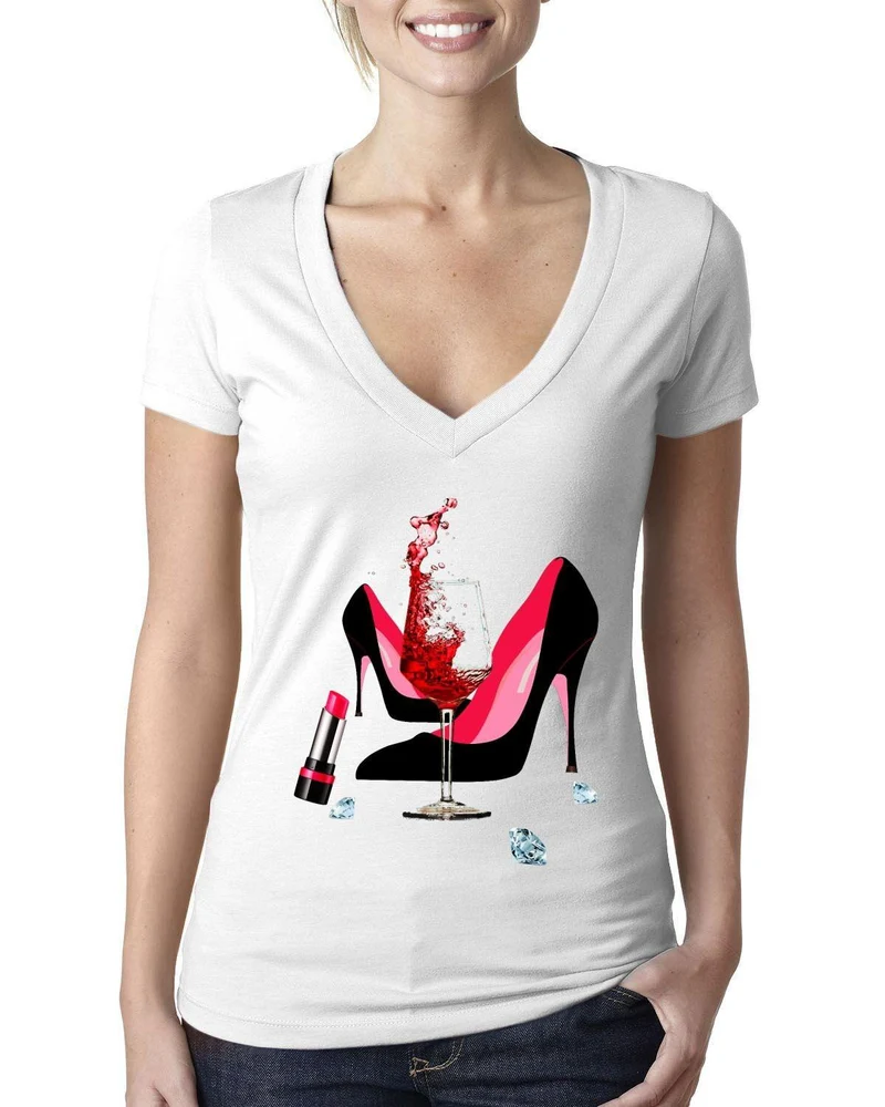 Chaussures à talons hauts | Rouge à lèvres | Verre à vin | Diamants, t-shirt à talons hauts à la mode, t-shirt en toile Bella en V profond pour femmes, anniversaire en or rouge, niveau suivant