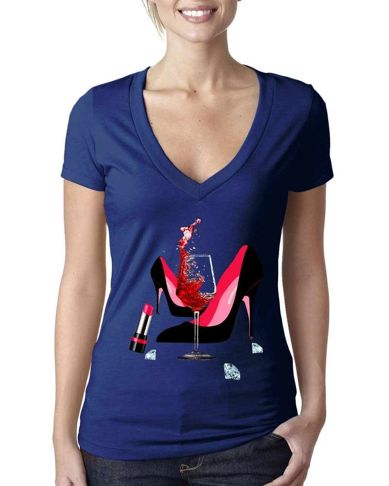 Chaussures à talons hauts | Rouge à lèvres | Verre à vin | Diamants, t-shirt à talons hauts à la mode, t-shirt en toile Bella en V profond pour femmes, anniversaire en or rouge, niveau suivant