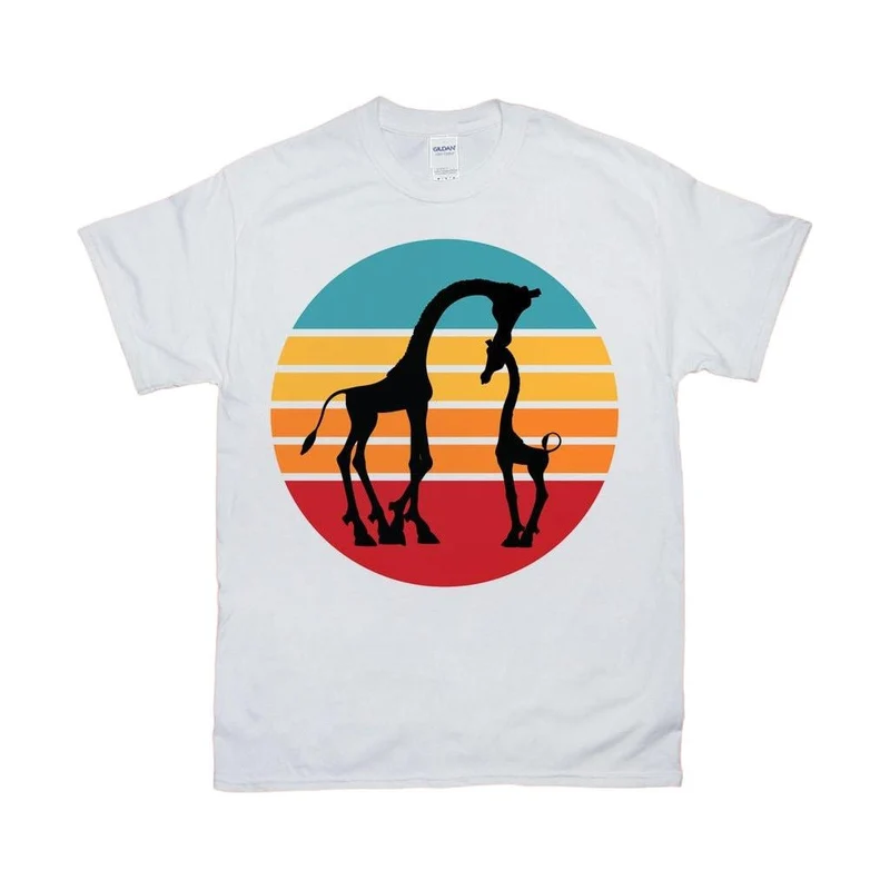 Girafe et veau | T-shirts rétro coucher de soleil, girafe avec bébé - Maman girafe et veau, cadeau de Noël