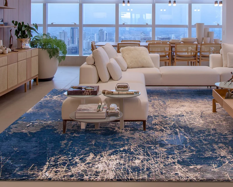 Tapis de salon bleu et gris - Rustik Chenille