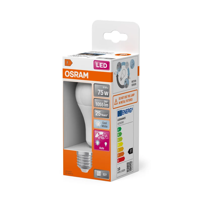 LED CLASSIC A CAPTEUR DE MOUVEMENT & DE LUMIÈRE DU JOUR 10W 840 Givré E27