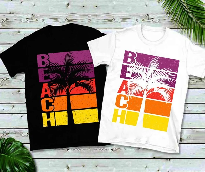 T-shirts en détresse avec palmiers de plage, rayures horizontales, découpe au coucher du soleil