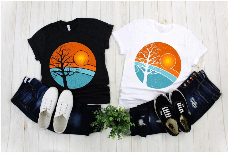 Arbre | T-shirts Rétro Sunset,Chemise Rétro Arbre | Chemise d’arbre d’aventure de voyage | Chemise silhouettes | Surfeur | Cadeau pour lui | Cadeau pour elle