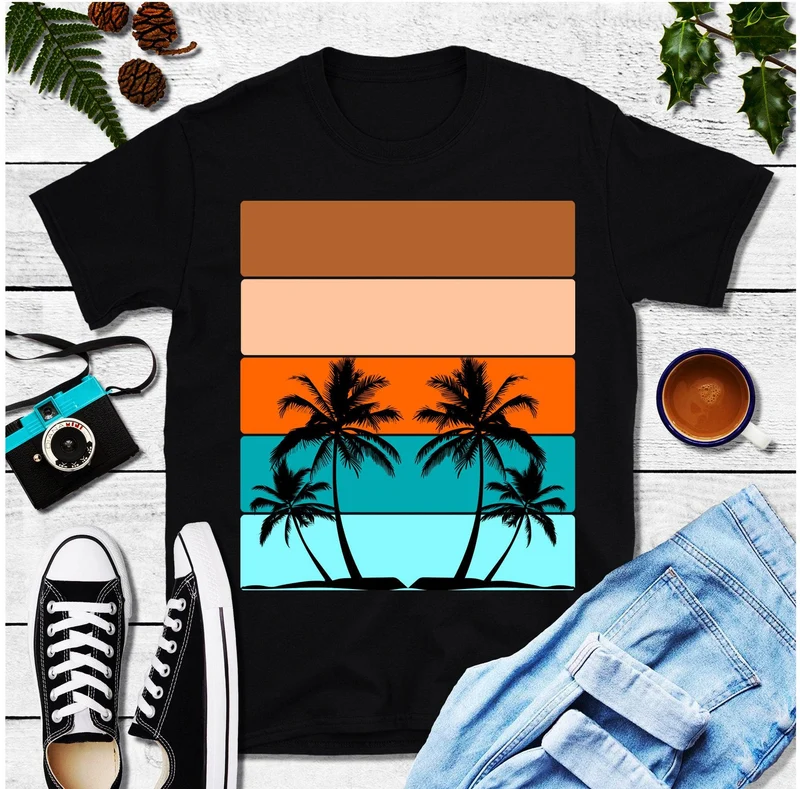 Palmiers Rayures horizontales | T-shirts coucher de soleil rétro