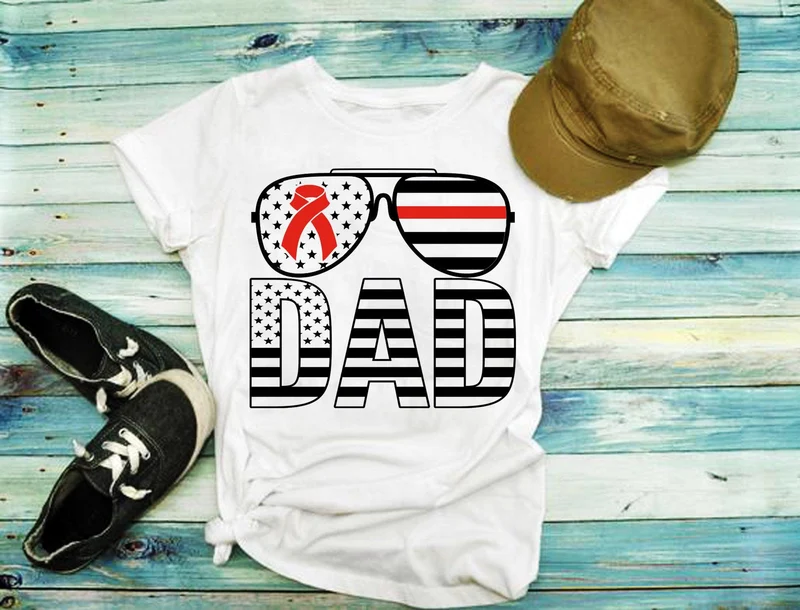 Papa | Rouge-Lunettes de soleil | Ruban de sensibilisation | Drapeaux américains | T-shirts maladie cardiaque