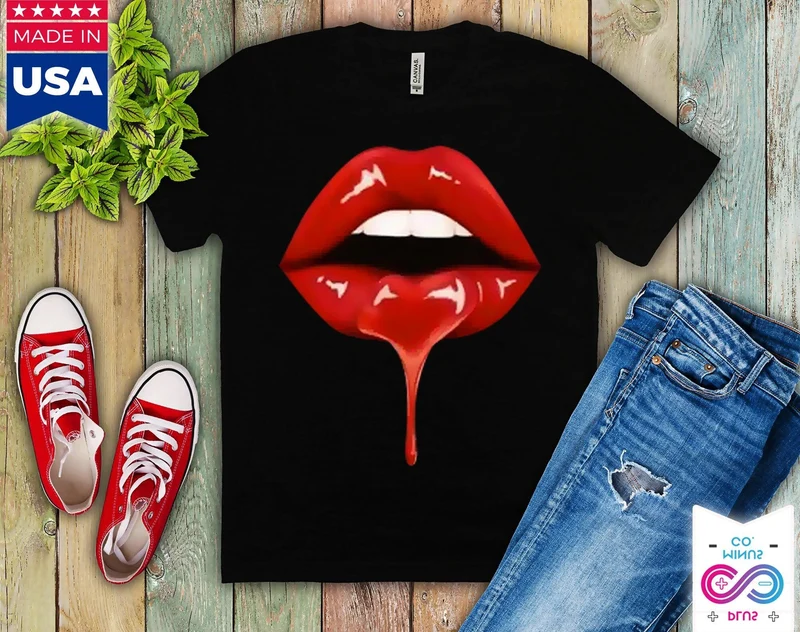 Femmes Lèvres Drôle Imprimé Fille T-Shirts Noirs